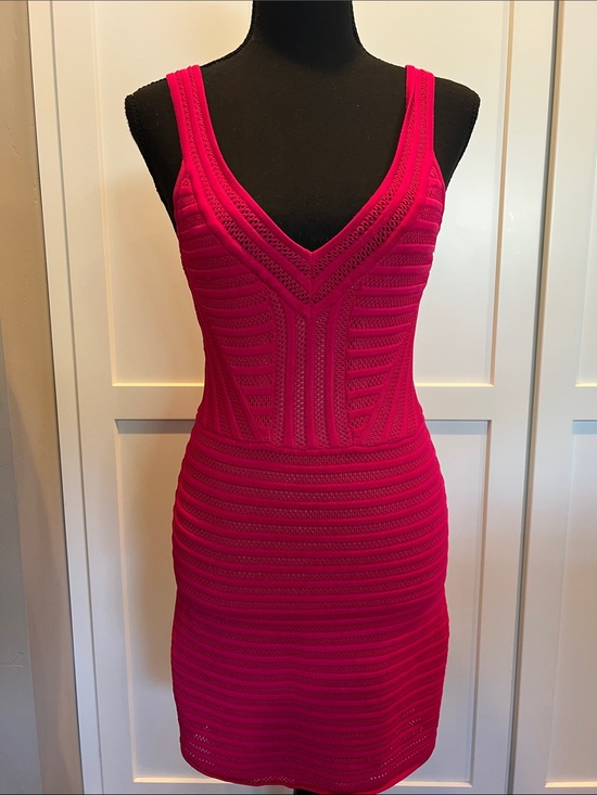bebe Dresses & Skirts - bebe Maeve Mesh Striped Bodycon Dress Pink Fuchsia Size Small